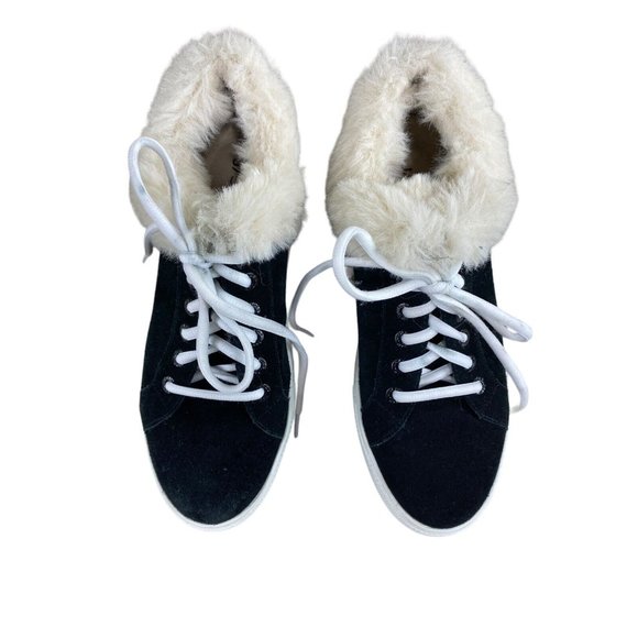 J /Slides Mellia Black Suede Platform Athletic Shoes Sz 7 Fur Platform Sneakers - Picture 4 of 10
